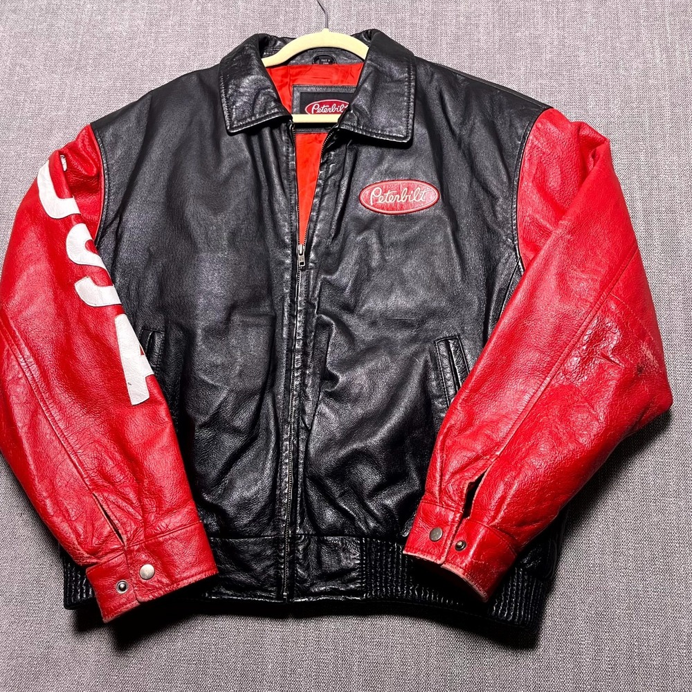 Vintage Peterbilt Leather Bomber Jacket Mens Large Black Red USA Flag Print 90s